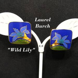 Laurel Burch "Wild Lily" Blue Post Earrings, Cloisonne Gold Plated, 1980s
